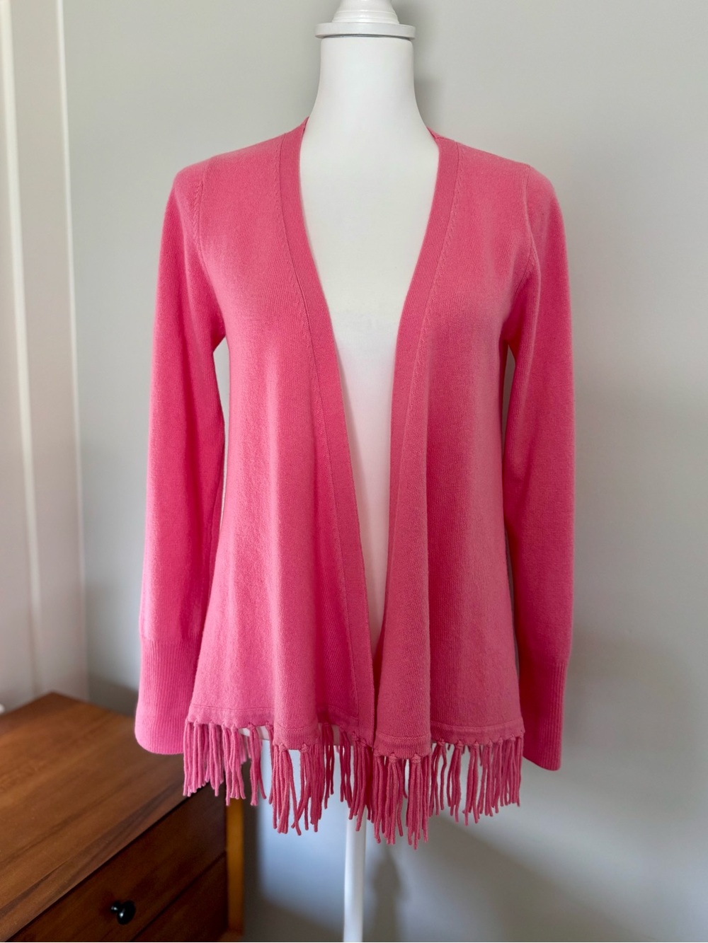 100% Cashmere Cardigan Pink Open-Front Fringe Hem Sweater
